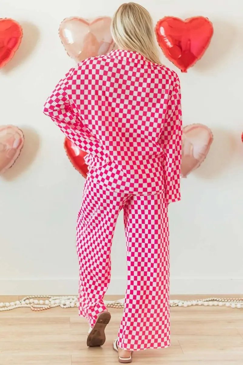 Pink Checkered Buttoned Shirt and High Waist Pants Pajama Set - Love Salve
